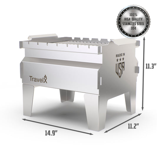 Collapsible Charcoal Grill | Sleek BBQ Camping Stove | Low Profile Foldable Grill | Stainless Steel Tabletop Grill | TravelX S01
