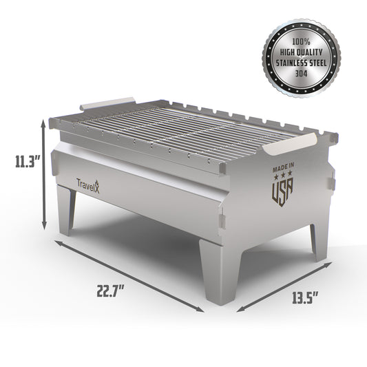 Collapsible Charcoal Grill | Sleek BBQ Camping Stove | Low Profile Foldable Grill | Stainless Steel Tabletop Grill | TravelX S02