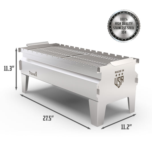 Collapsible Charcoal Grill | Sleek BBQ Camping Stove | Low Profile Foldable Grill | Stainless Steel Tabletop Grill | TravelX S03